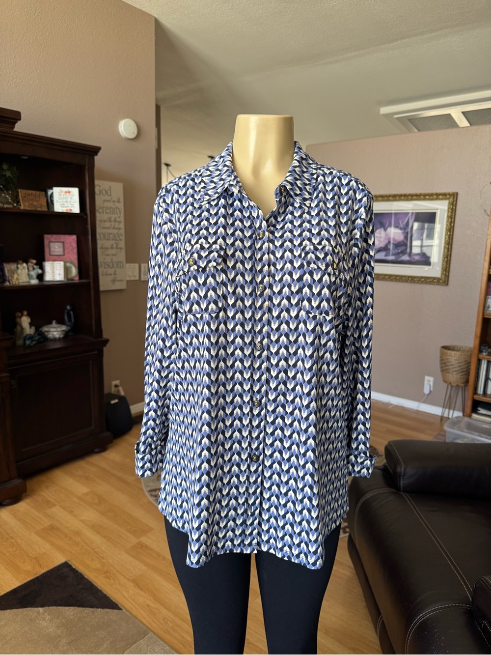 Charter Club blue, black & white geometric button down knit blouse-XL